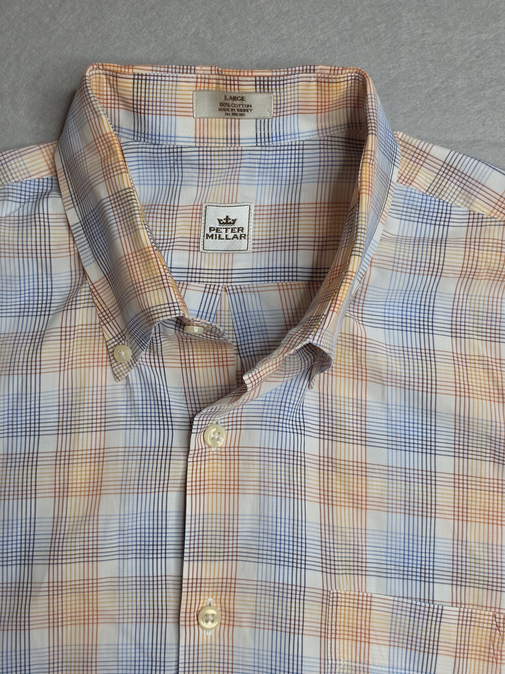 Peter Millar Mens Large Milo Blue & Tan Plaid Cotton Button Down Shirt Crown Fit